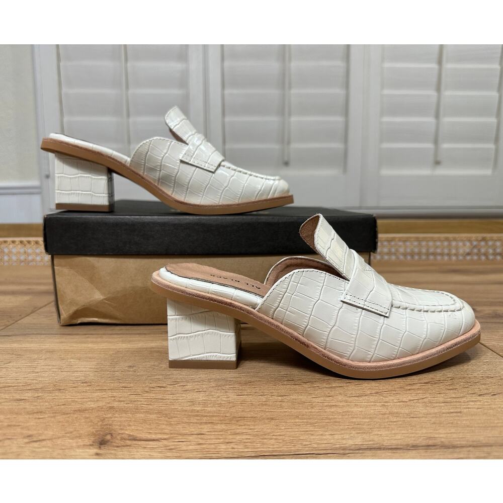 All Black Croc Block Mule Heel Ivory Leather Size 5.5 US 36 EU NIB Dressy Work